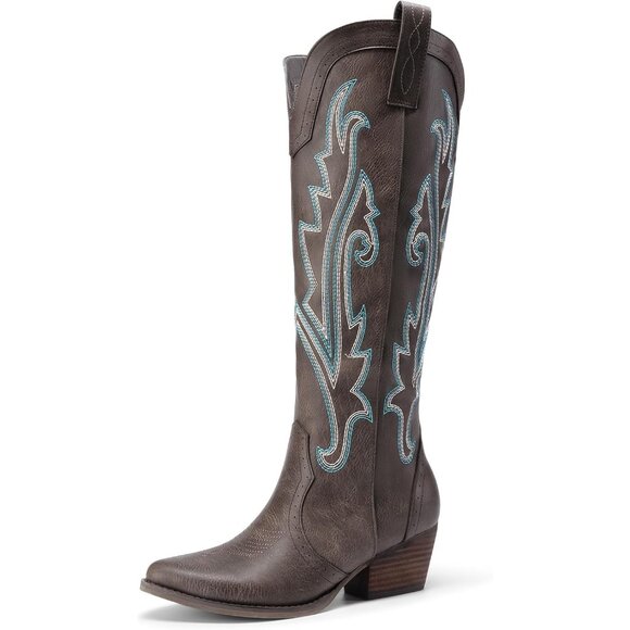 Shoes - Womens Faux Leather Brown Embroidered Side Zipper Chunky Heel Retro Tall Boot